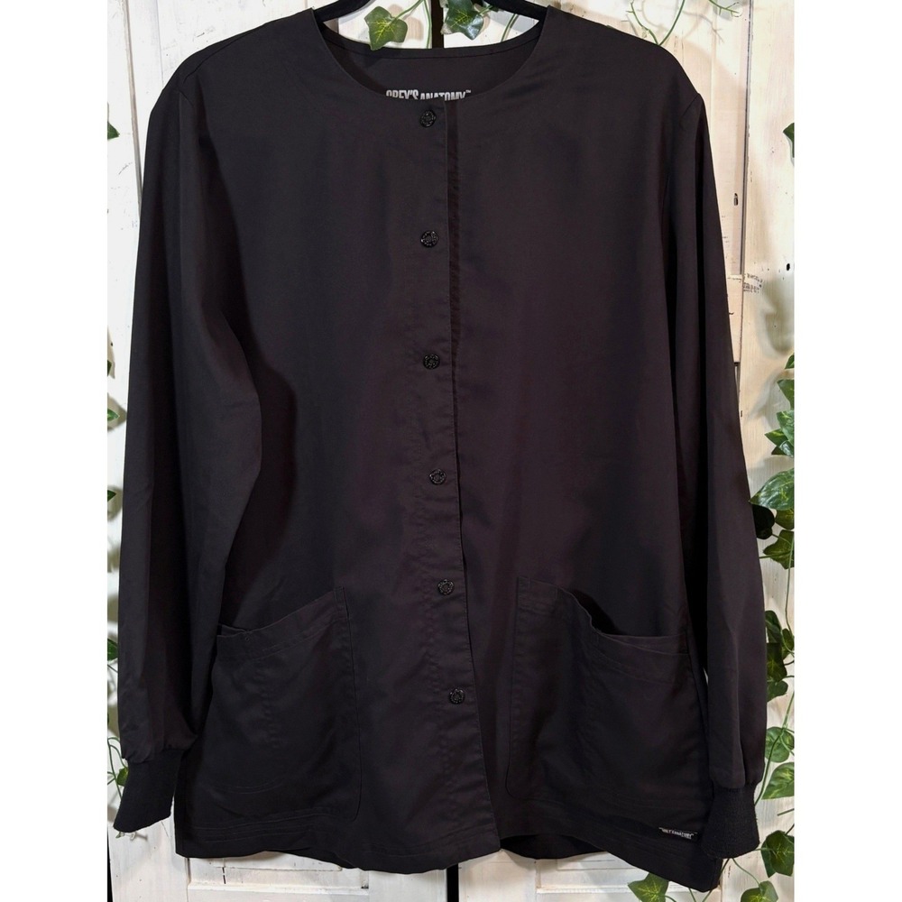 Grey's Anatomy Black Scrub Jacket Women Size Large Snap Front Pockets Cuffs